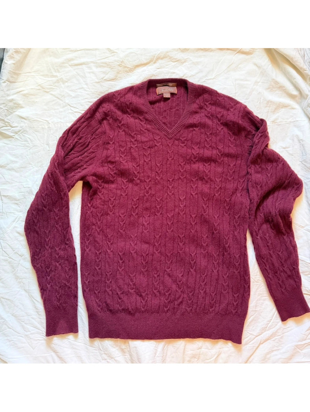 Tasso Elba 100% Cashmere V-Neck Cable Knit Sweater Mens M Oxblood Burgundy
